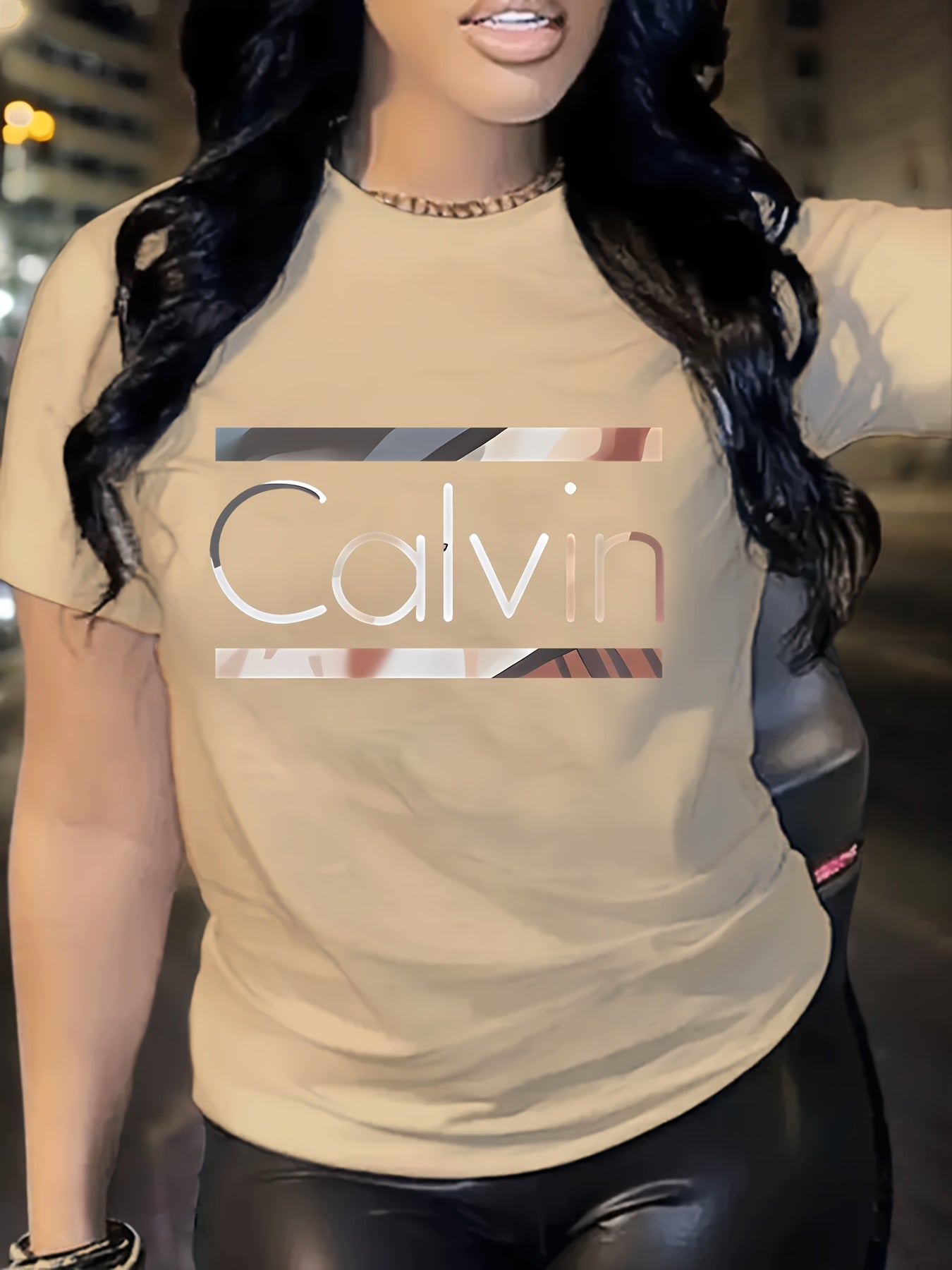 1pc Calvin Women's Graphic Tee - Soft Polyester Spandex Blend, Casual Crew Neck Short Sleeve Top in Black with Stylish Letter Print, Comfortable Casual Attire, Everyday Apparel | Trendy Casual Style | Stretchable Top